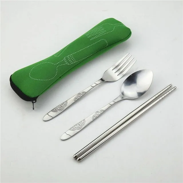 3Pcs Stainless Steel Portable Tableware Dinnerware Travel Camping Cutlery Set Fork poon Chopsticks Set Picnic Tool