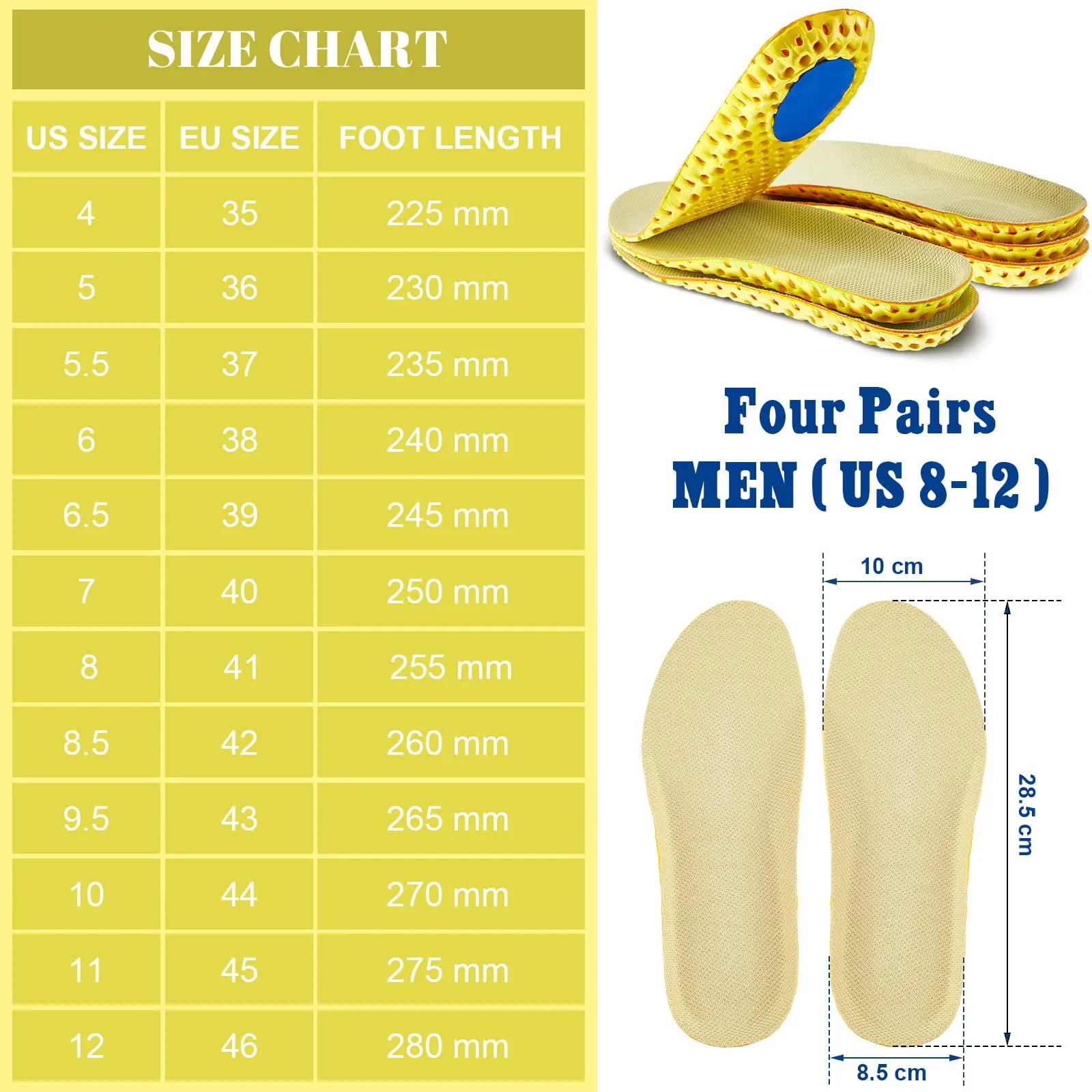 4 Pairs Shock Absorbing Shoe Insoles Elastic Honeycomb Sneaker Inserts Breathable Memory Insoles for Men Shoe Lifts Men Soft Replacement Shoe Soles for Men Women Sports Shoes Boots (Men US 8-12) Men US 8-12