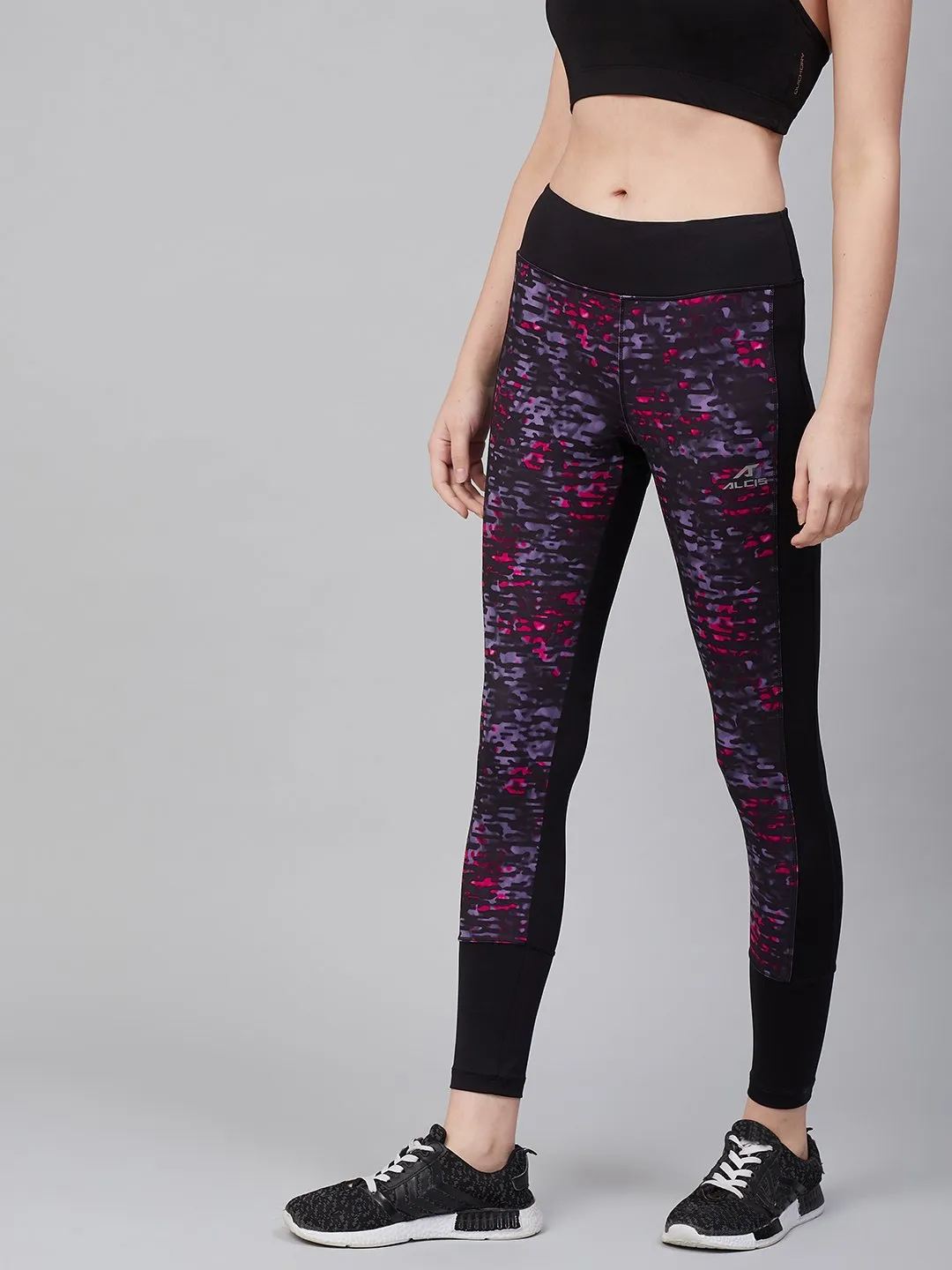 Alcis Women Black Purple Printed Training Tights