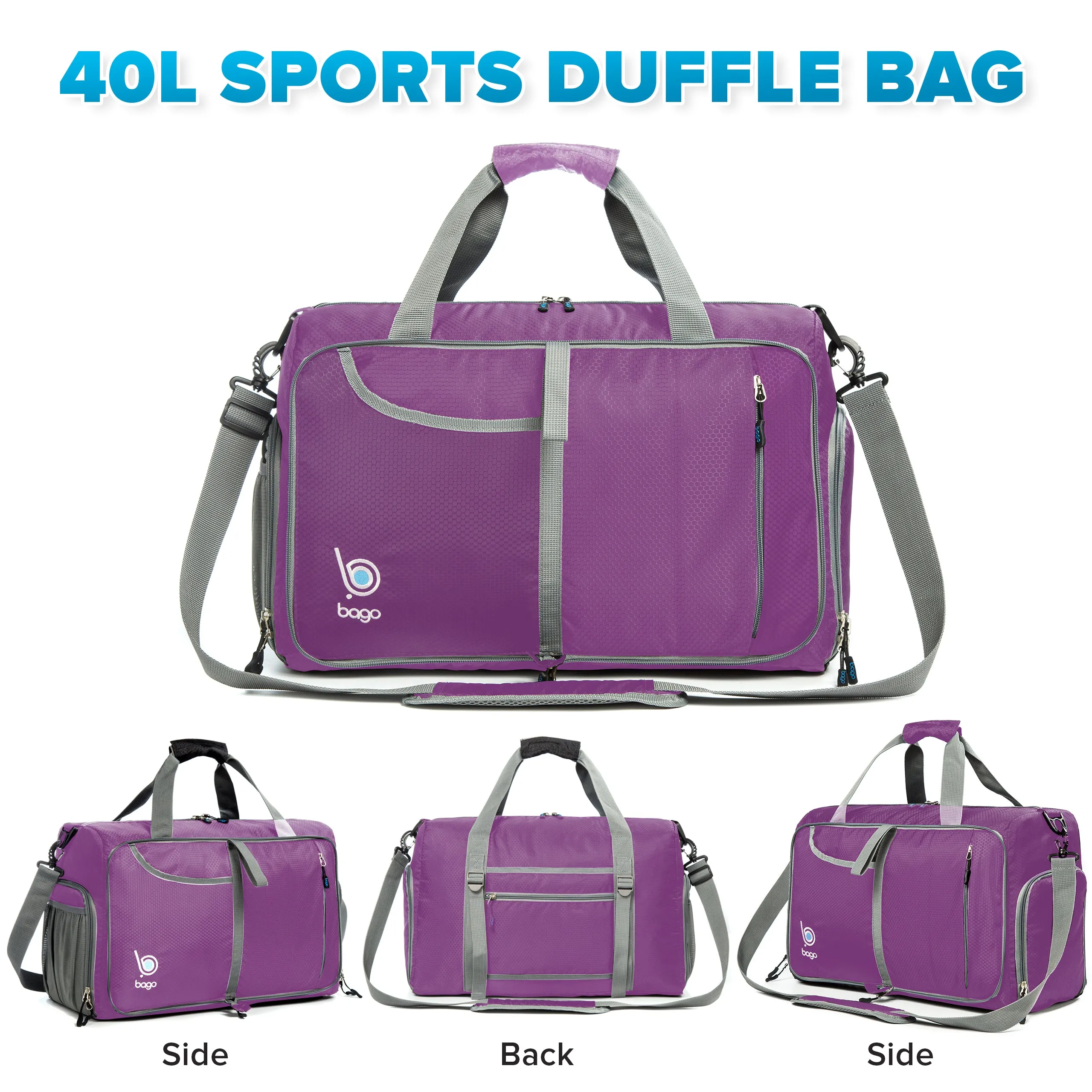 Bago Gym Bags for Women and Men - Packable Sports Duffle Bag for Women with Shoe & Wet Compartment