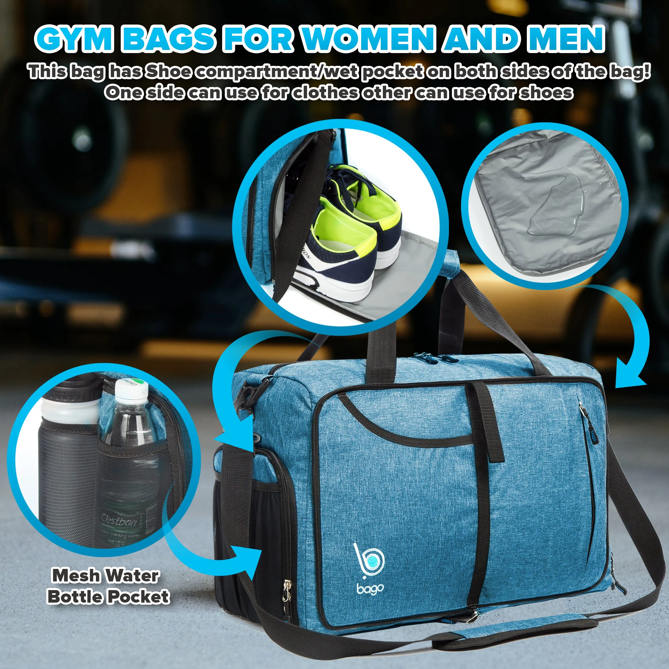 Bago Gym Bags for Women and Men - Packable Sports Duffle Bag for Women with Shoe & Wet Compartment