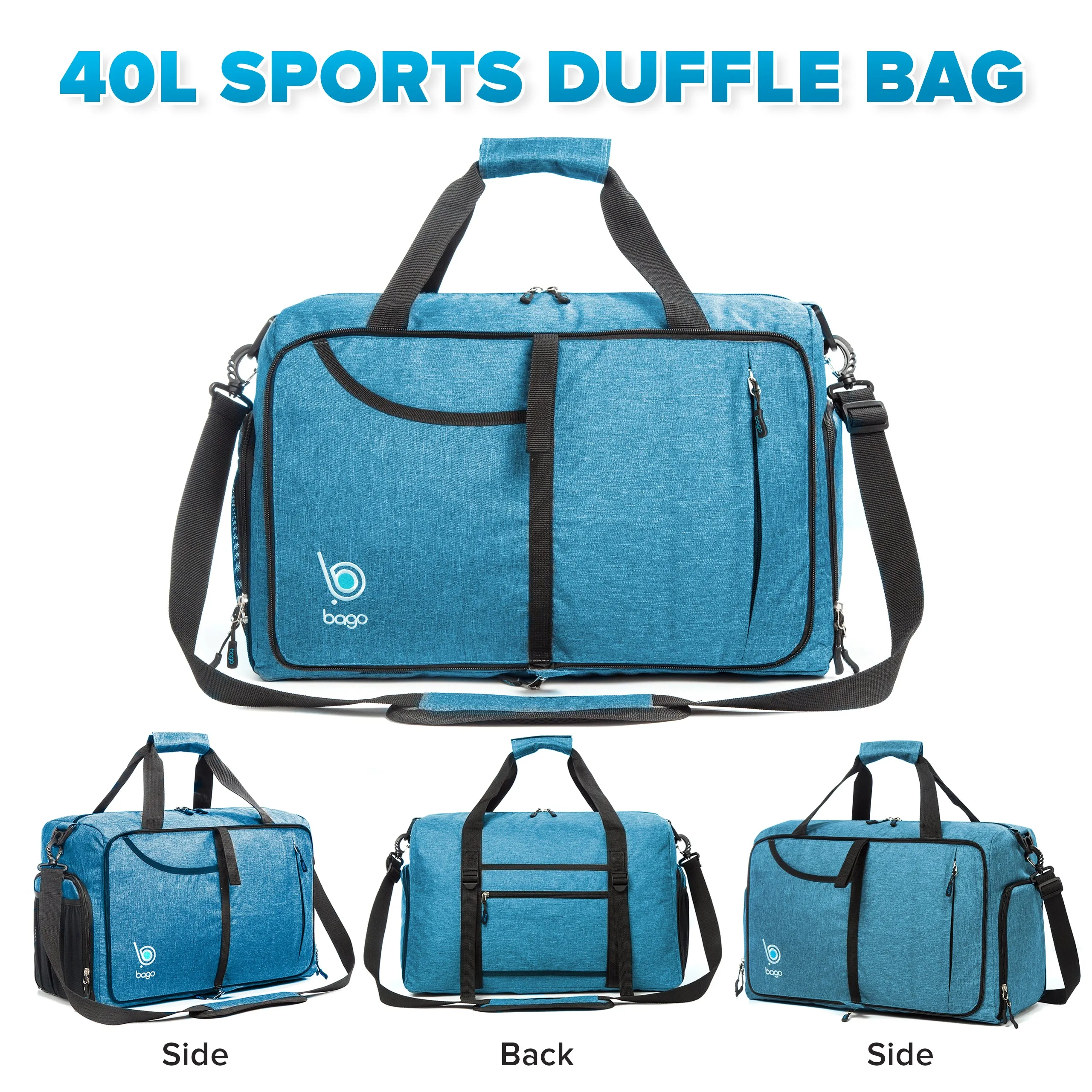 Bago Gym Bags for Women and Men - Packable Sports Duffle Bag for Women with Shoe & Wet Compartment