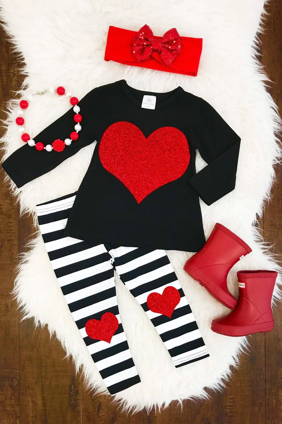 B&W Stripe Red Glitter Heart Outfit