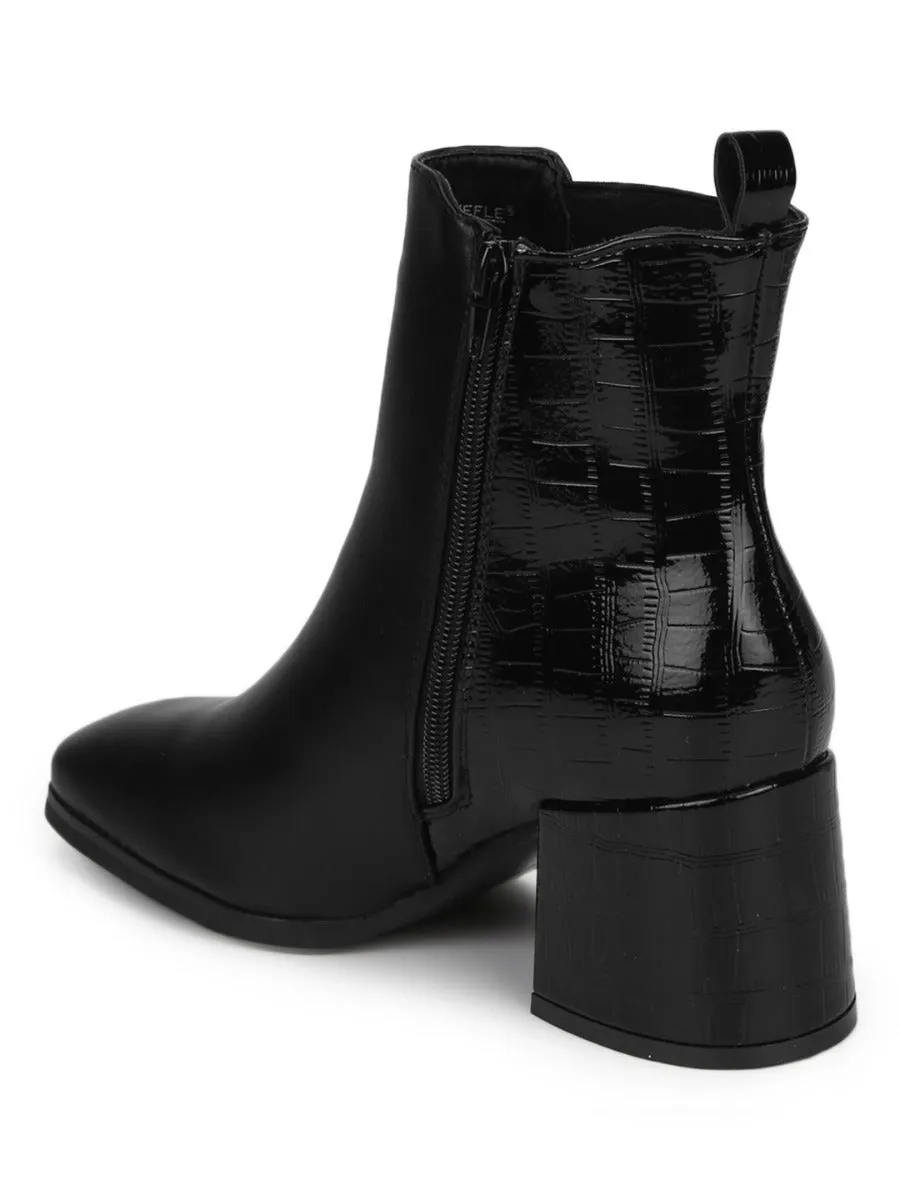 Black Croc PU Slip On Block Heel Ankle Boots