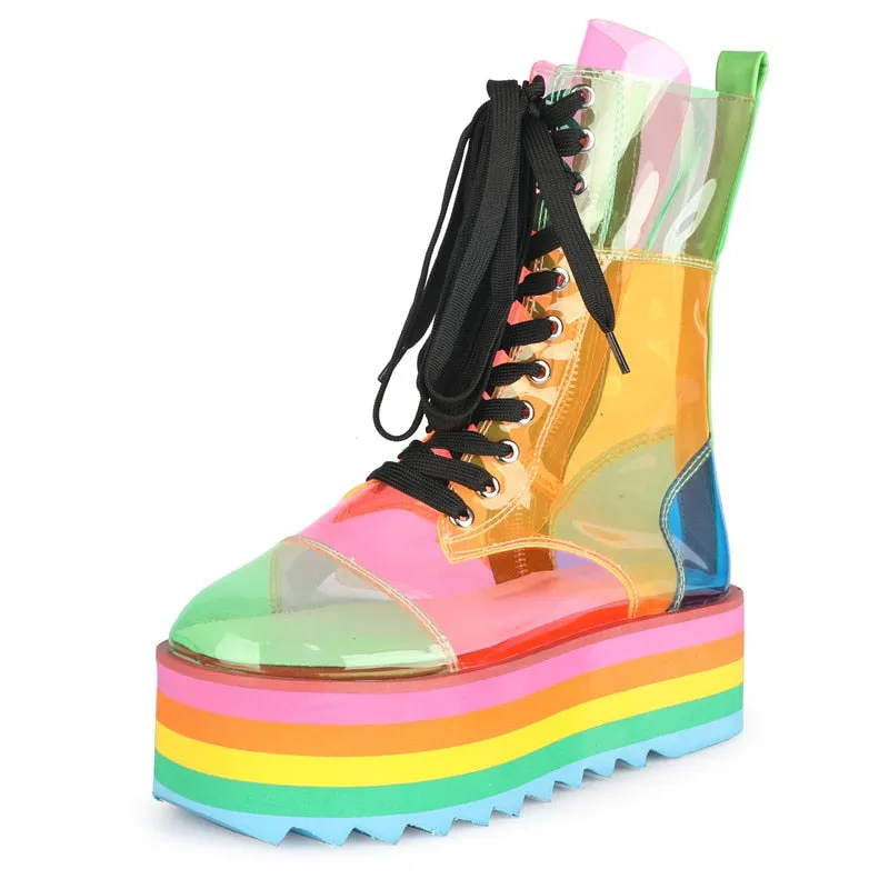 Black Friday Amozae  New Platform Rainbow Boots Fashion Transparent PU Boots Sweet Girl Platform Shoes Super High Heel Candy Colors Sneakers Women