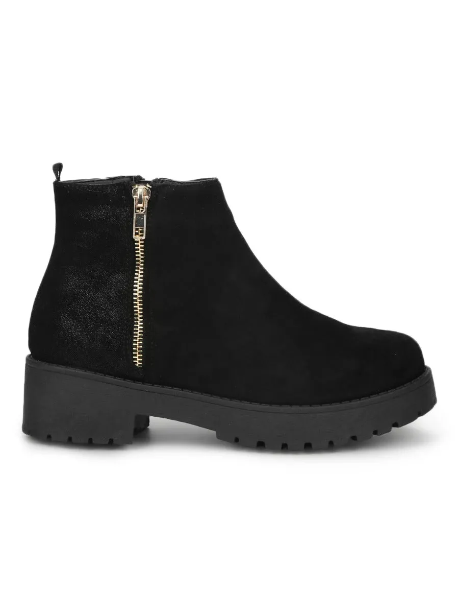 Black Micro Gold Zip Low Heel Ankle Boots