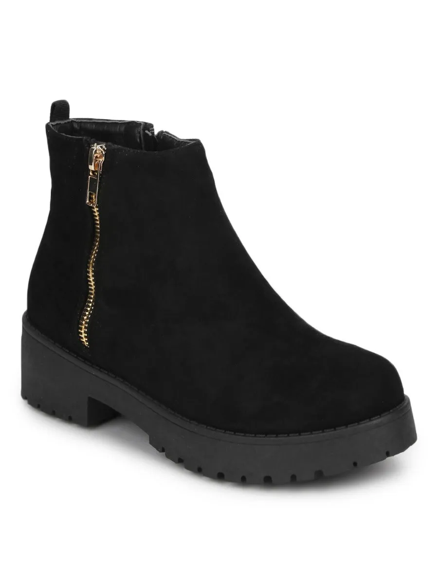 Black Micro Gold Zip Low Heel Ankle Boots