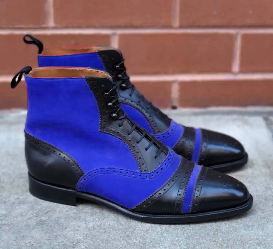 Blue Black Stylish Oxford Ankle High Boots, Cap Toe Style Men's Handmade Boot