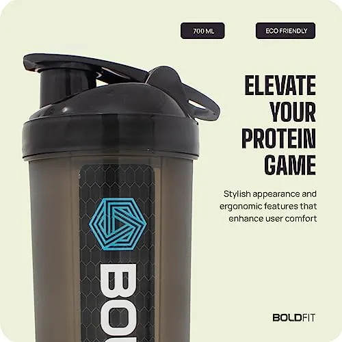 Boldfit Gym Shaker for Protein Shake Leakproof Shaker Bottles for Protein with Extra Compartment, Preworkout and Bcaa Shake, Protein Shaker Bottle for Gym, Gym Bottle for Men and Women Black - 650 ml