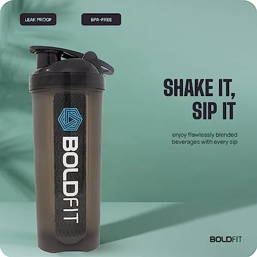 Boldfit Gym Shaker for Protein Shake Leakproof Shaker Bottles for Protein with Extra Compartment, Preworkout and Bcaa Shake, Protein Shaker Bottle for Gym, Gym Bottle for Men and Women Black - 650 ml