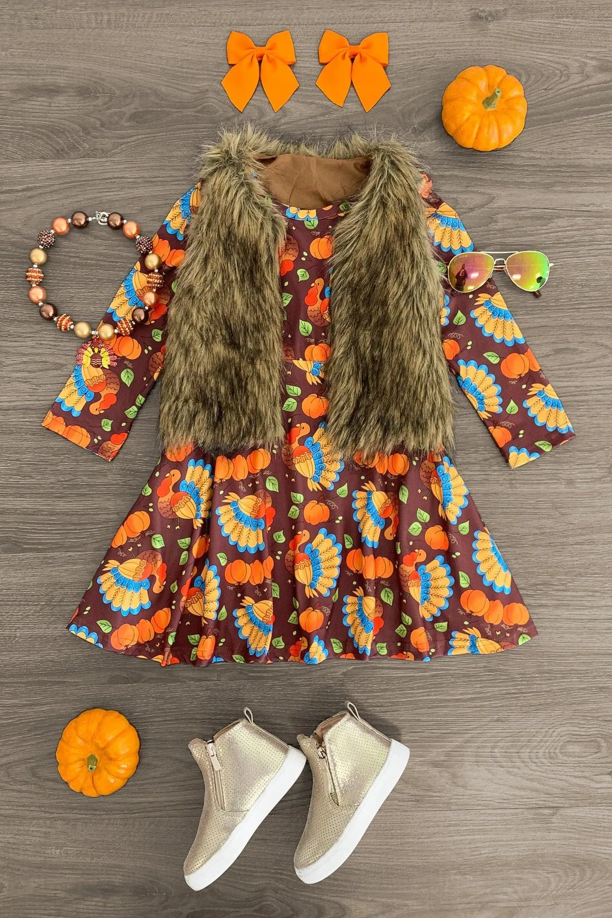 Brown Pumpkin & Turkey Long Sleeve Dress