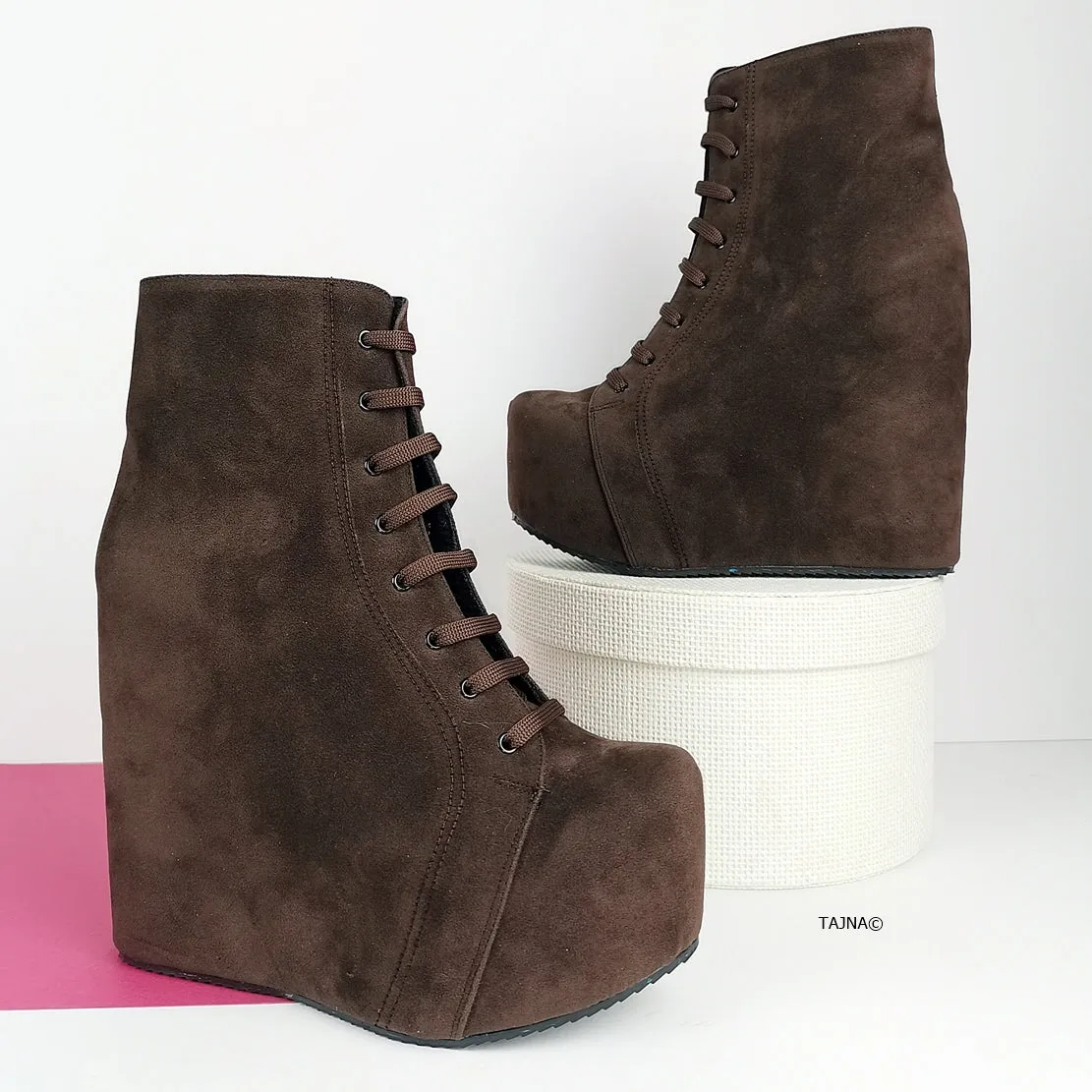 Brown Suede Lace Up Platform Wedge Booties