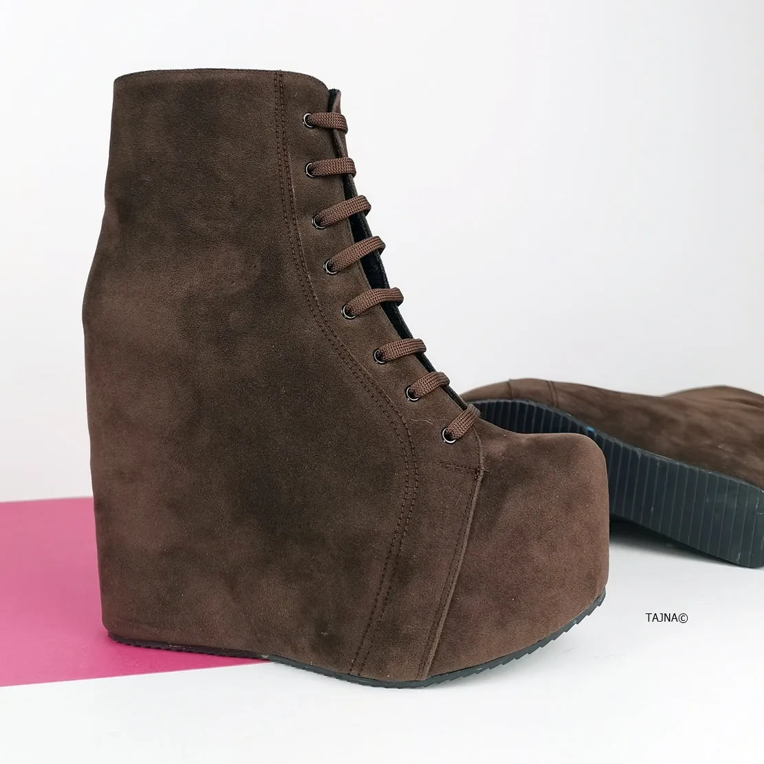 Brown Suede Lace Up Platform Wedge Booties