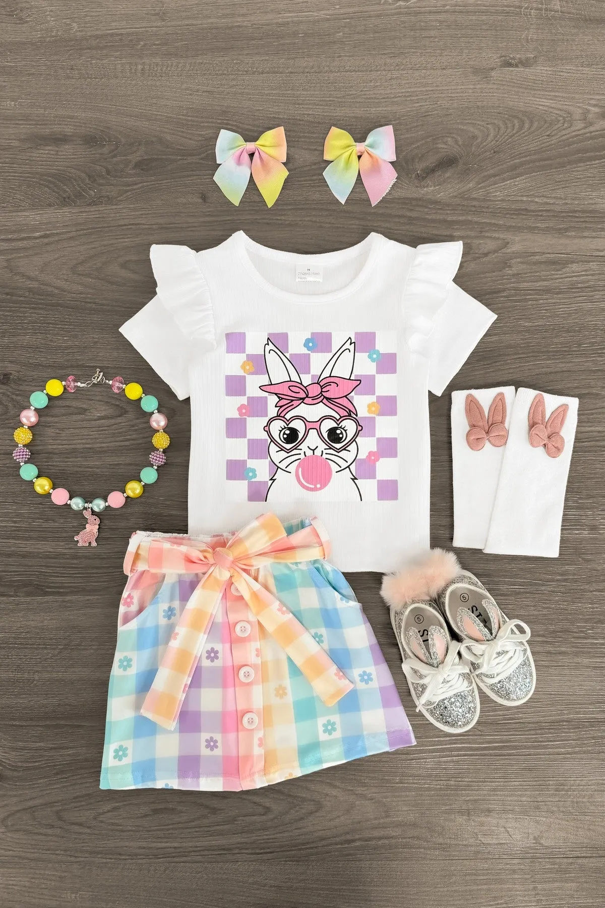 Bubblegum Bunny Pastel Checkered Skirt Set