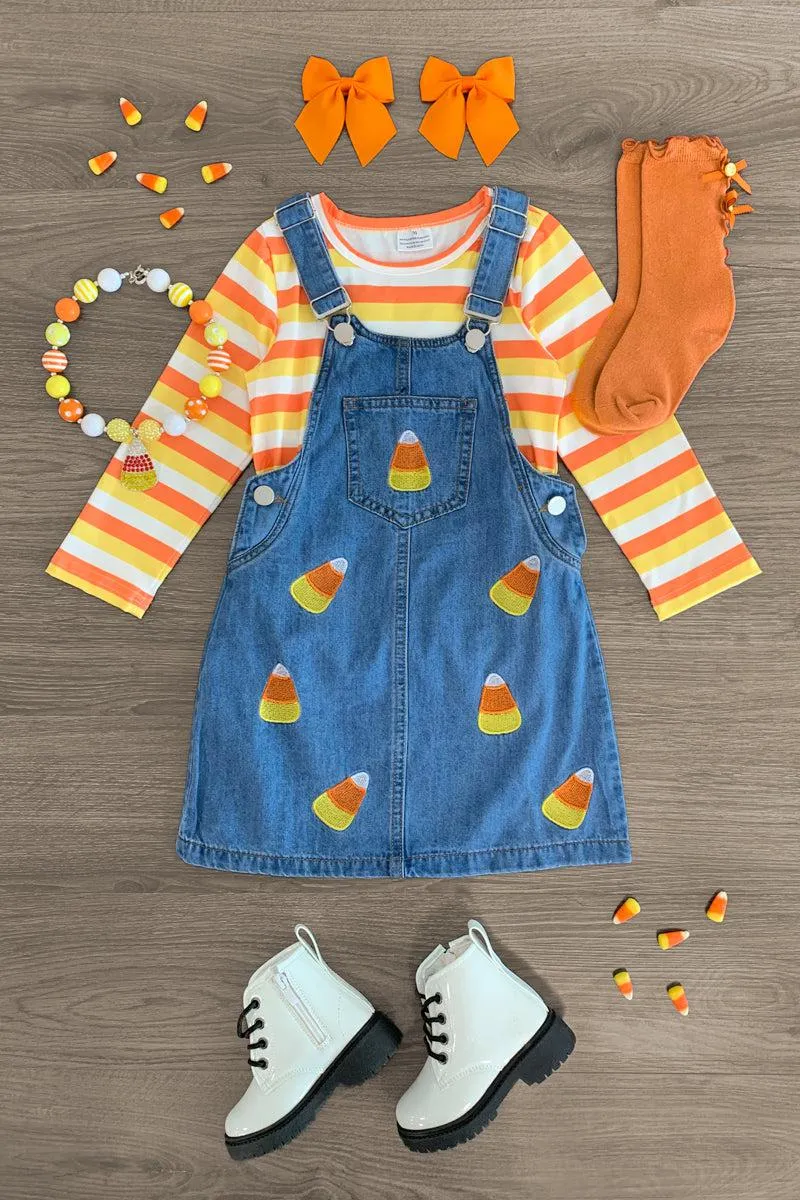 Candy Corn Denim Overall Dress Set