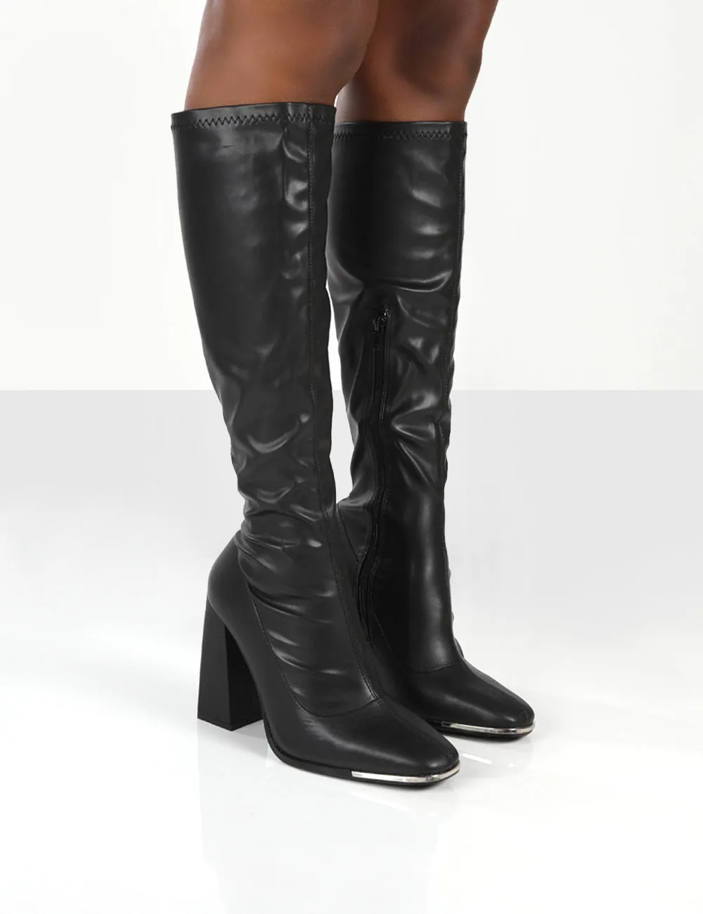 Caryn Black Pu Wide Fit Knee High Block Heeled Boot