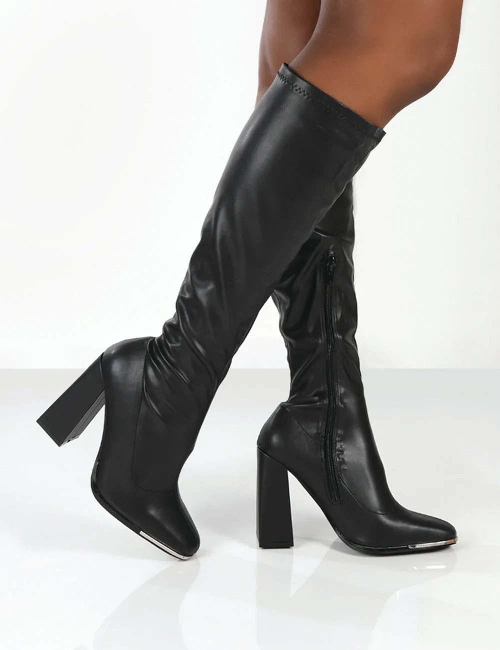 Caryn Black Pu Wide Fit Knee High Block Heeled Boot