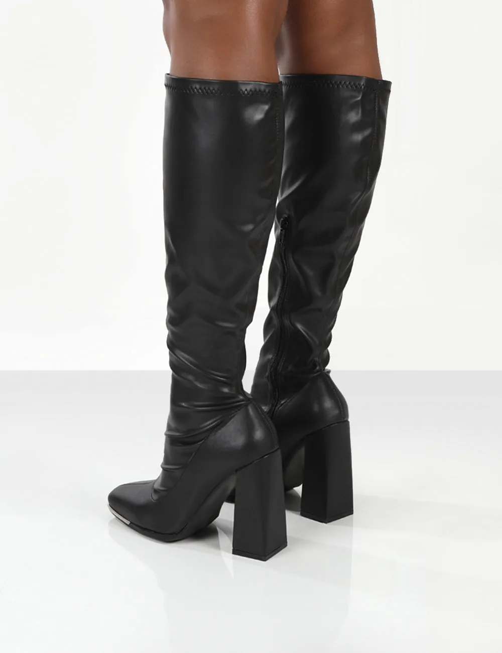 Caryn Black Pu Wide Fit Knee High Block Heeled Boot