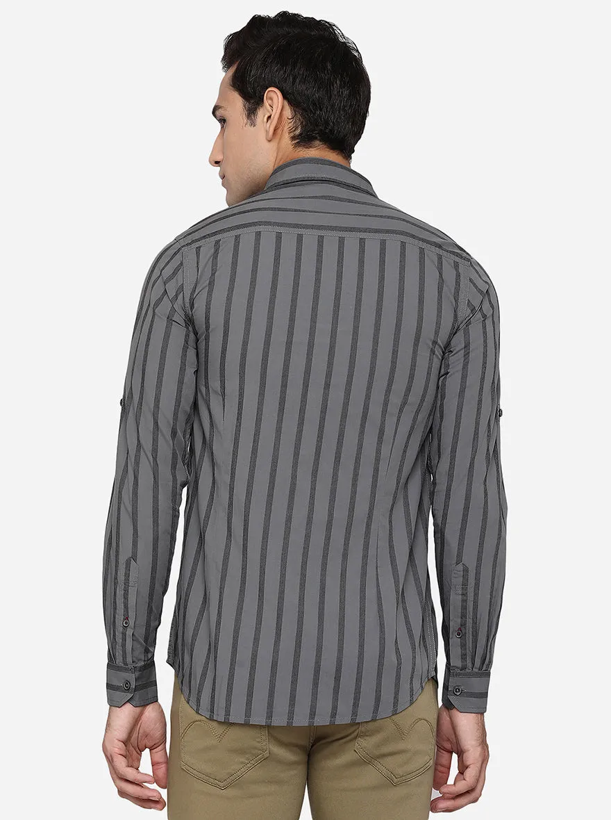 Charcoal Grey Striped Slim Fit Semi Casual Shirt | JadeBlue