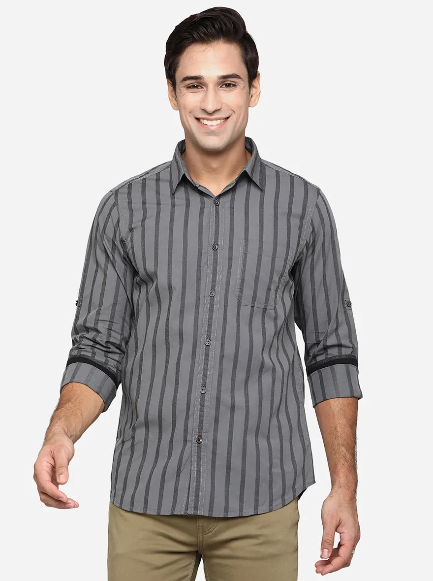 Charcoal Grey Striped Slim Fit Semi Casual Shirt | JadeBlue