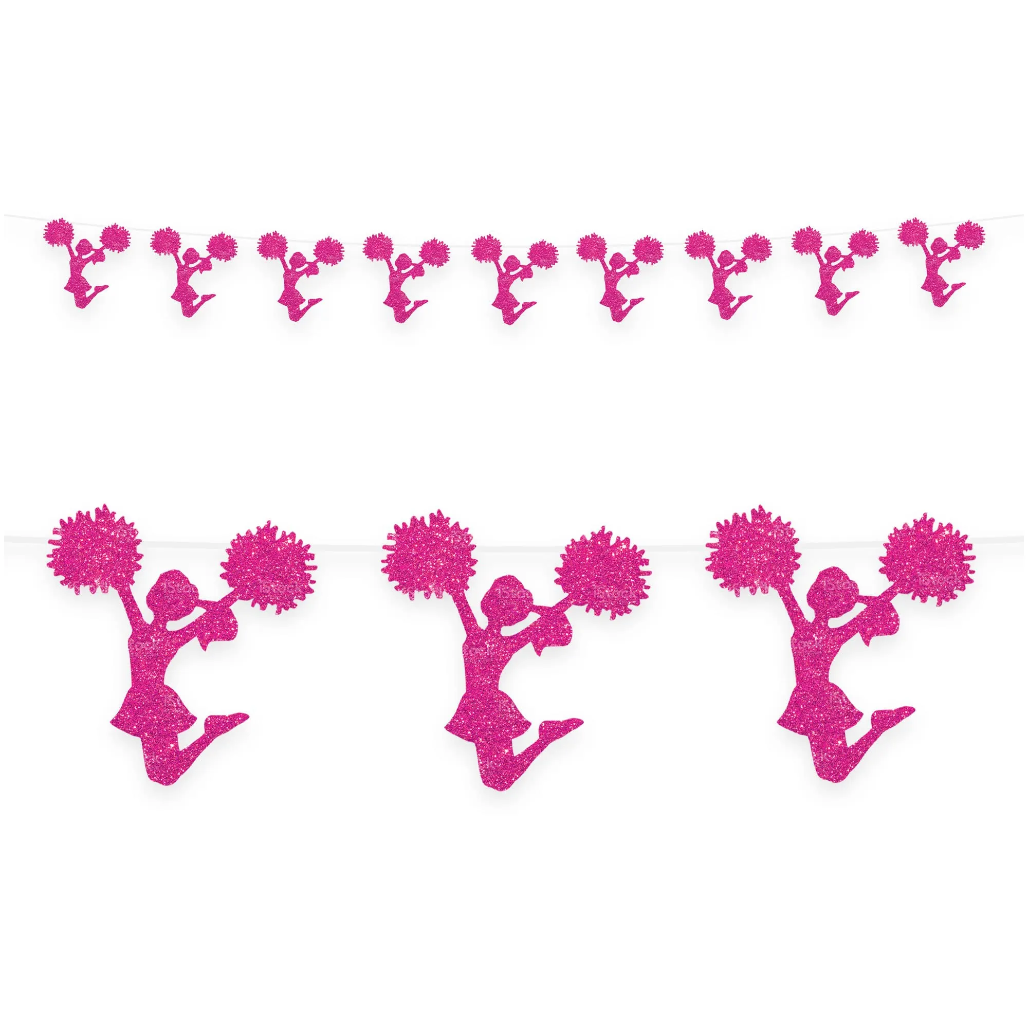 Cheer Party Supplies - Pink Glitter Cheerleader Silhouette Banner Garland for Pom Squad, School Spirit, and Cheerleading Party Decorations