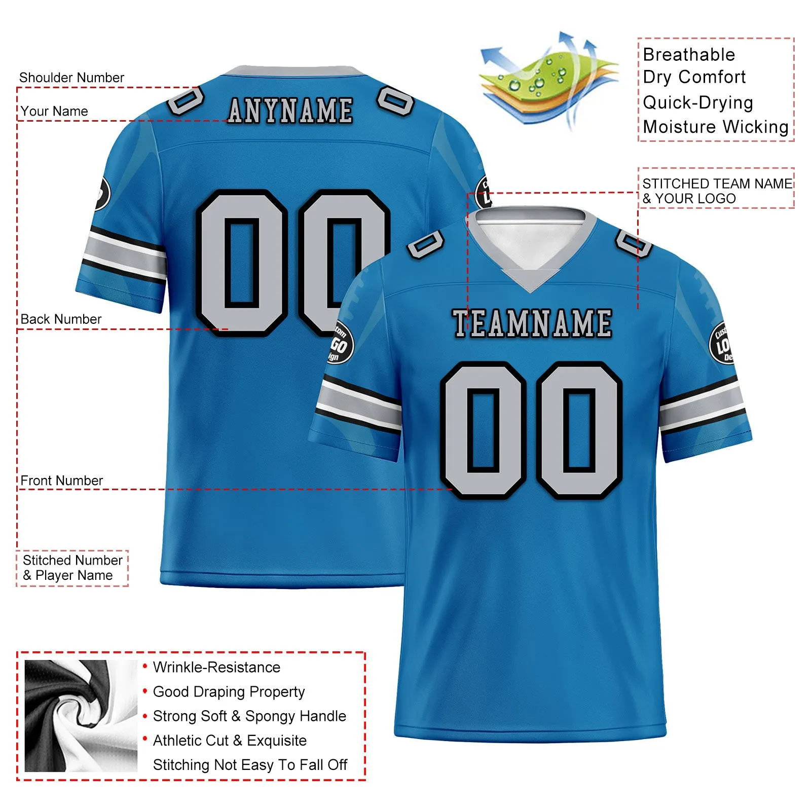 Custom Blue Detroit Football Jersey and Sports Shoes Combo Offer Personalized Combo ZH-D025008-9