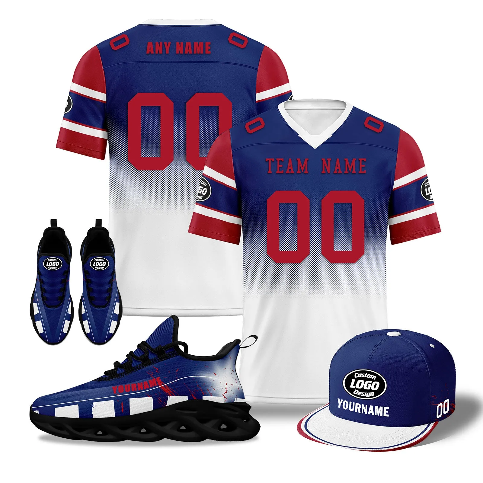 Custom Blue Red White New York Football MaxSoul Shoes and Hat Combo Offer Personalized Combo ZH-D020268-21