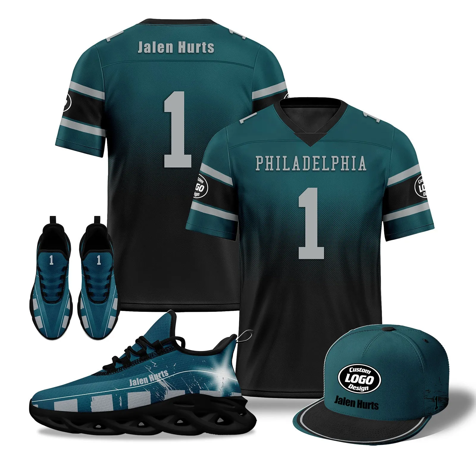 Custom Green Black Philadelphia Football MaxSoul Shoes and Hat Combo Offer Personalized Combo ZH-D020268-23