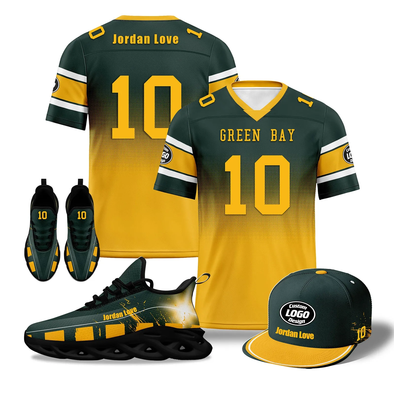 Custom Green Yellow Green Bay Football MaxSoul Shoes and Hat Combo Offer Personalized Combo ZH-D020268-13