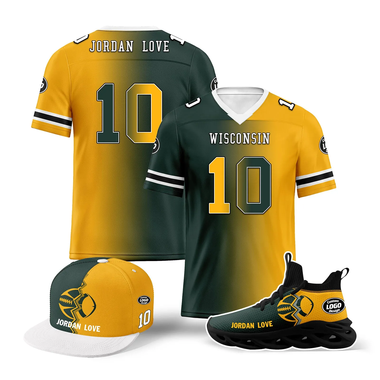 Custom Yellow Green Wisconsin Football Jersey MaxSoul Shoes and Hat Combo Offer Personalized Combo ZH-D028018-7