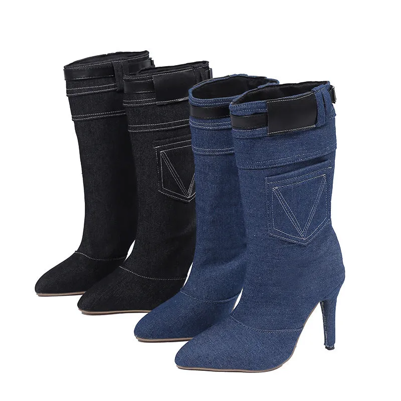 Denim pointed high heeled boots（ HPSD290