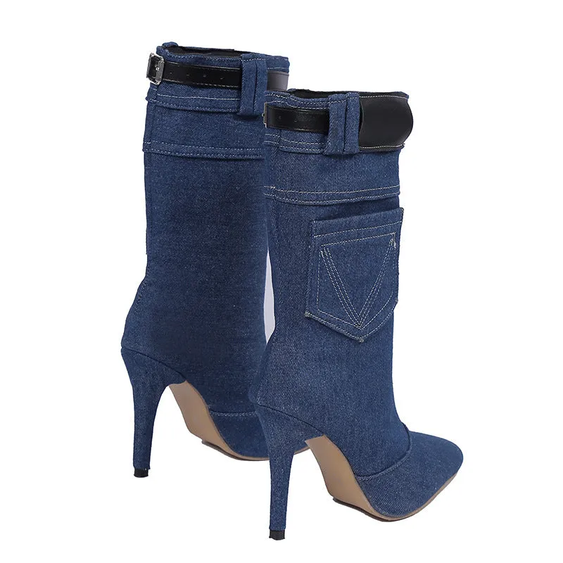 Denim pointed high heeled boots（ HPSD290