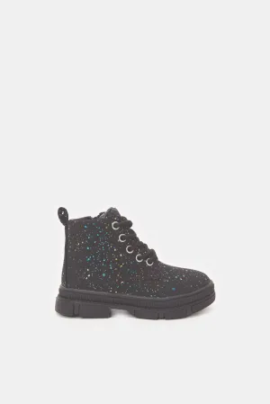 Girls Black Dotted Print Ankle Boot