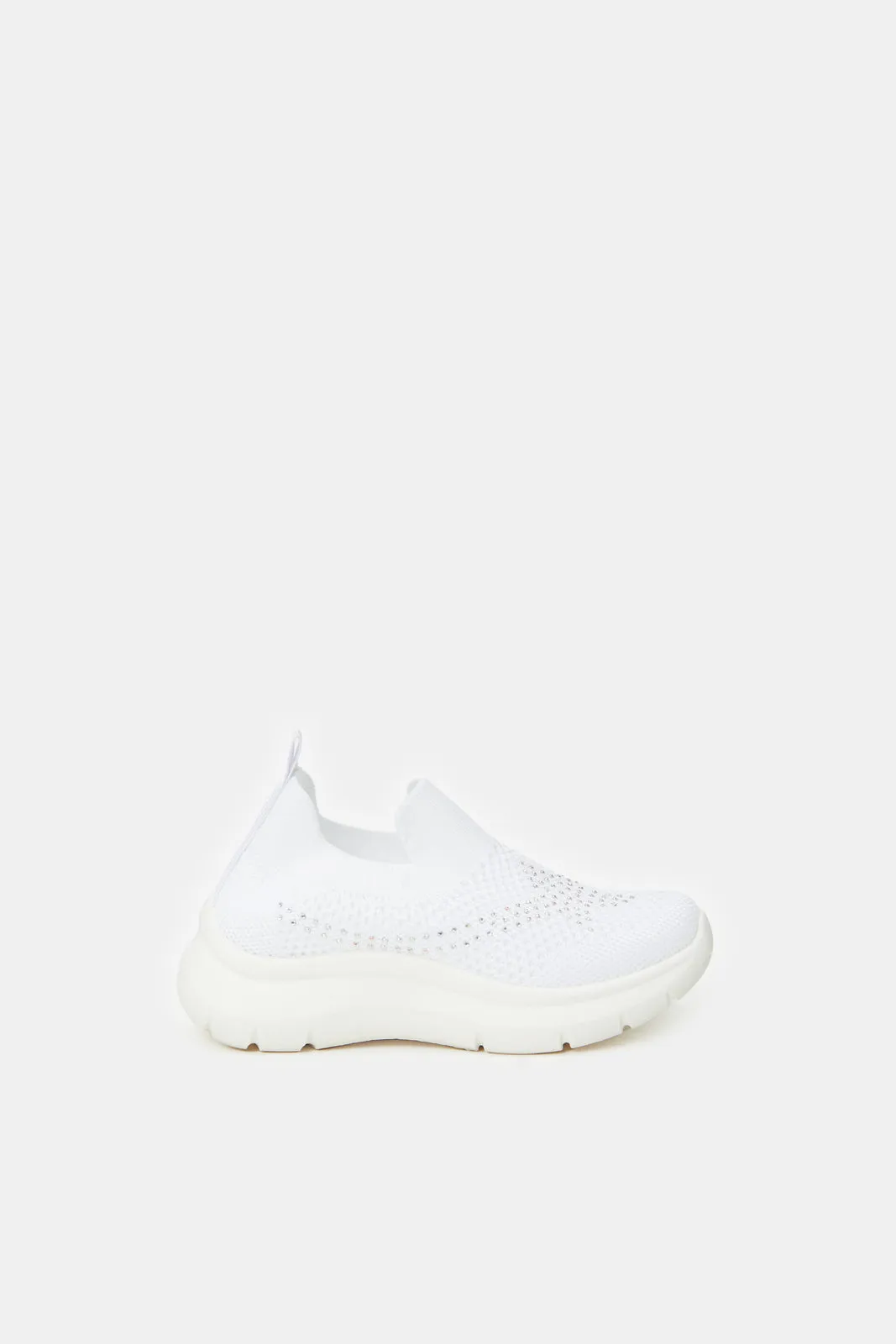 Girls White Fly Knit Slip-On Sneakers