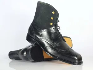 Handmade Ankle Black Wing Tip Leather Suede Lace Up Boot For Men's