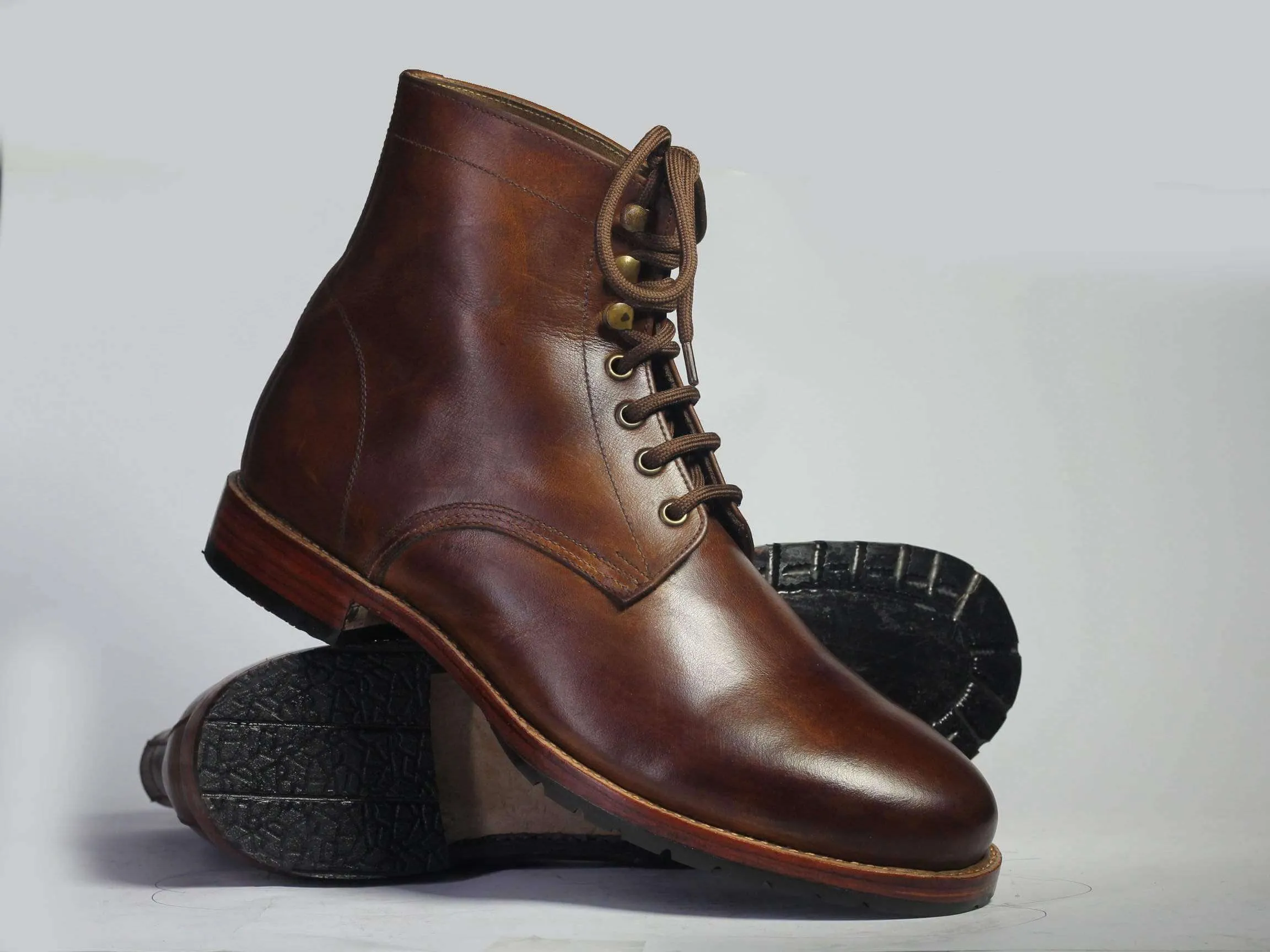 Handmade Ankle High Brown Lace Up Leather Boots