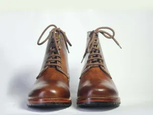 Handmade Ankle High Brown Lace Up Leather Boots