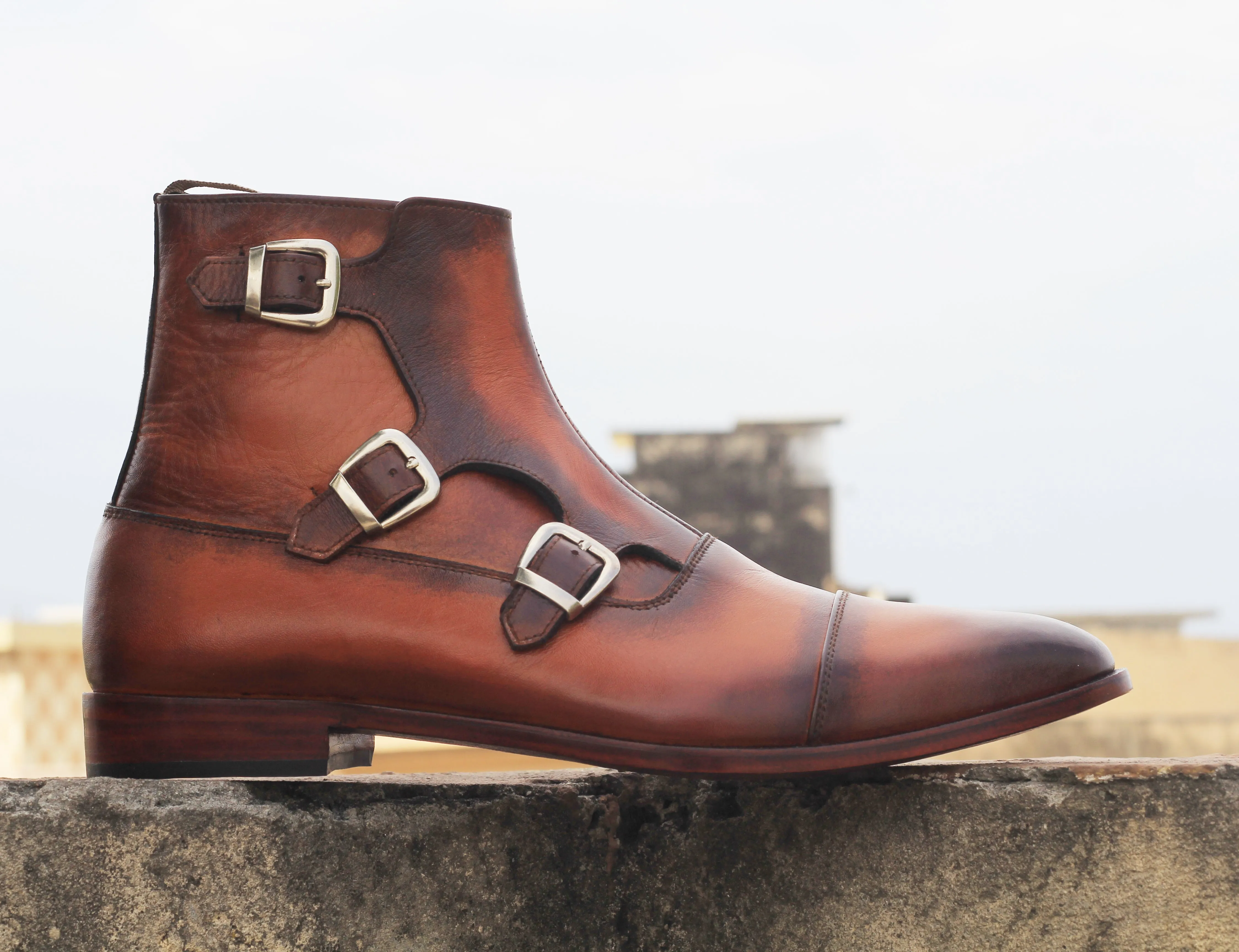 Handmade Ankle High Triple Buckle Boot, Cap Toe Style Pure Two Shaded Leather Boot