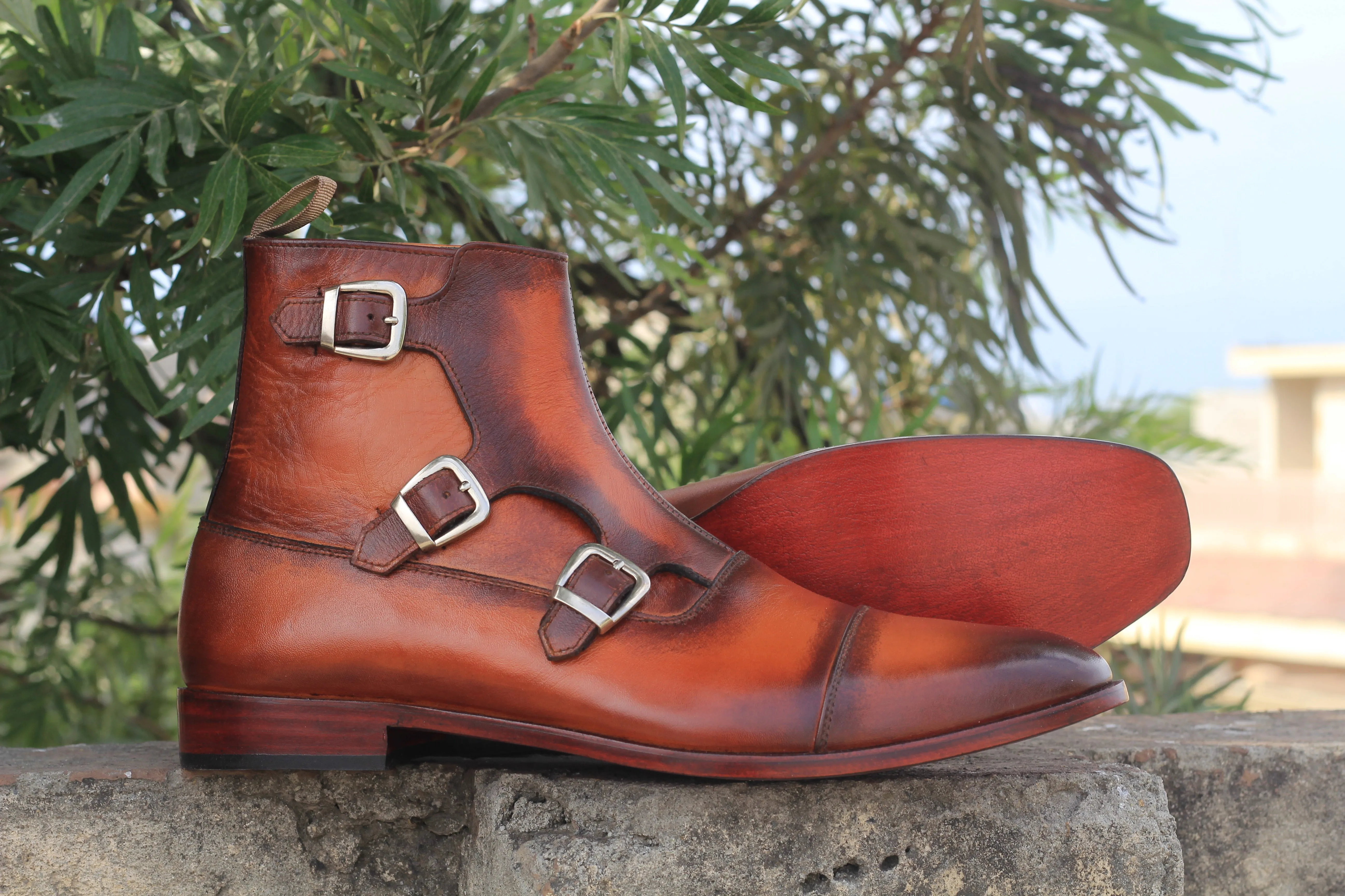 Handmade Ankle High Triple Buckle Boot, Cap Toe Style Pure Two Shaded Leather Boot