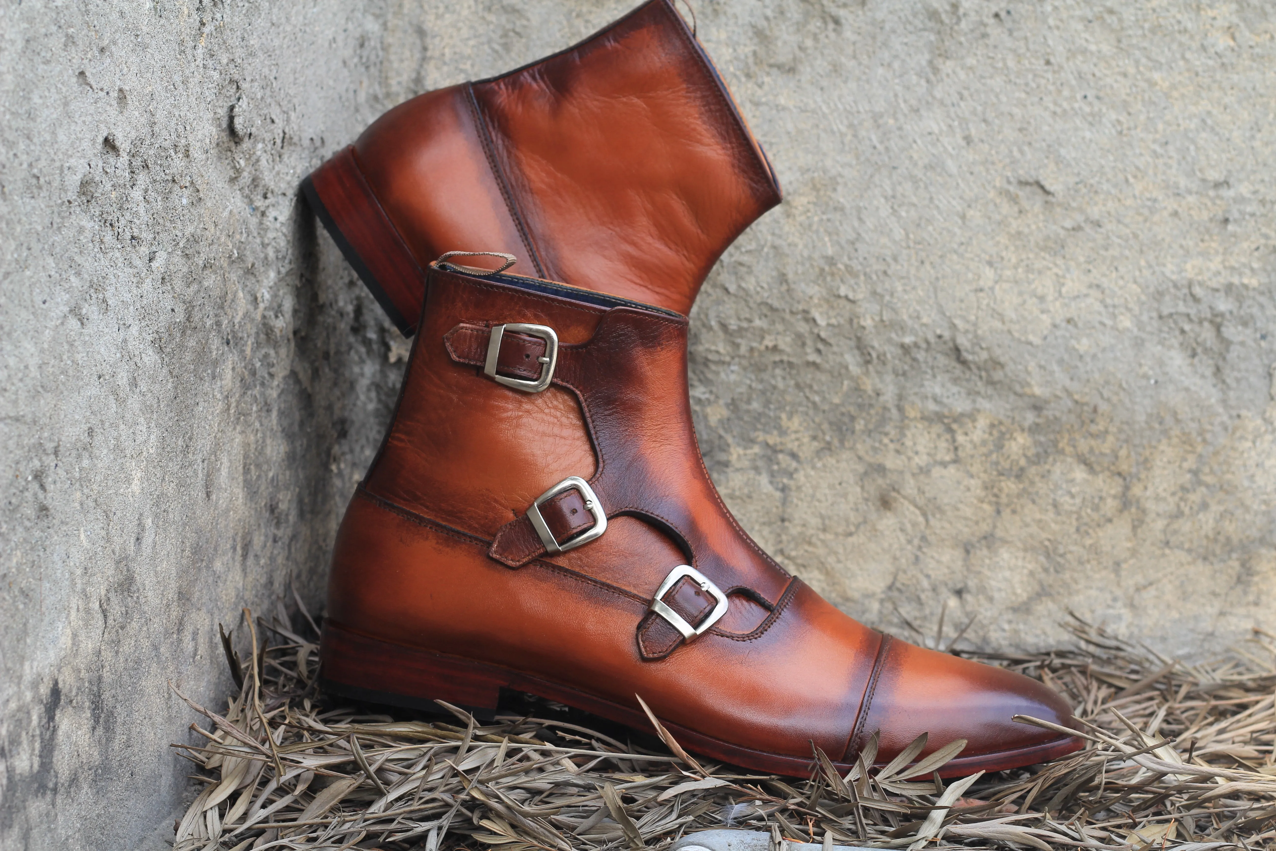 Handmade Ankle High Triple Buckle Boot, Cap Toe Style Pure Two Shaded Leather Boot