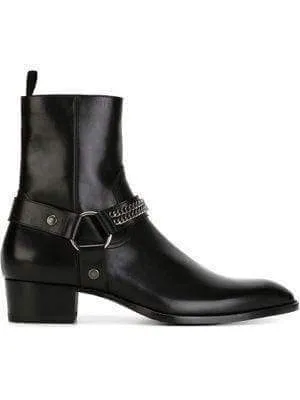 Handmade Black Leather Buckle Ankle High Boots