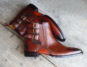 Handmade Brown Leather Triple Buckle Boot