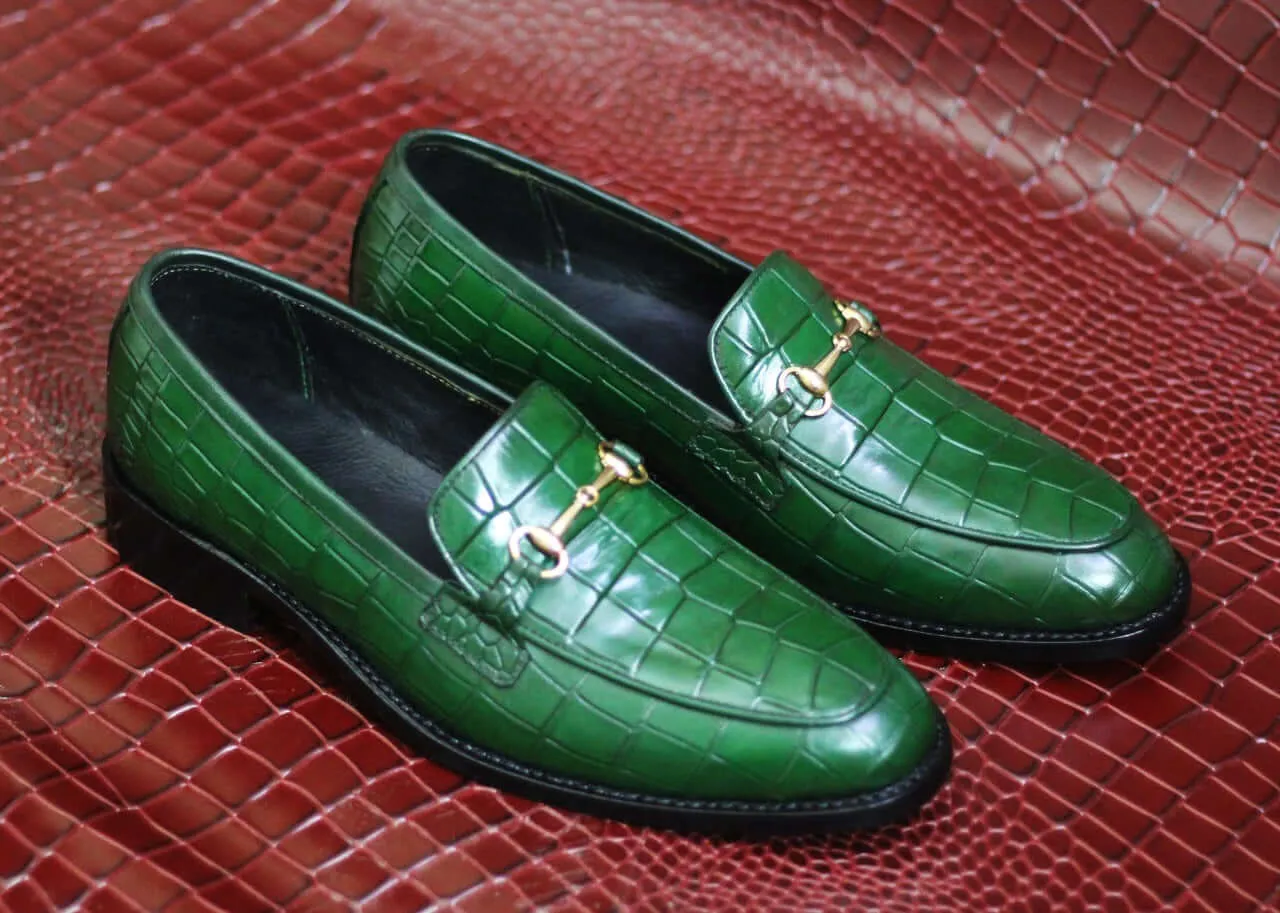 Handmade Green Alligator Texture Loafer Shoes, Men's Classic Stylish Shoes