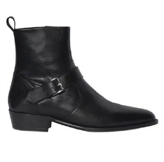 HANDMADE MEN BLACK LEATHER BOOT SIDE ZIPPER MONK BOOTS