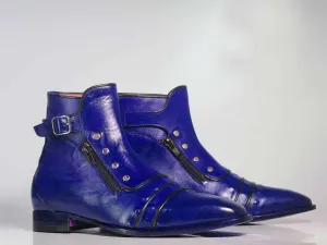 Handmade Men's Ankle High Purple Cap Toe Buckle With Side Zip Style Leather Boots