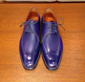 Handmade Men's Fashion Shoes, Men's Blue Leather lace Up Fashion Shoes.