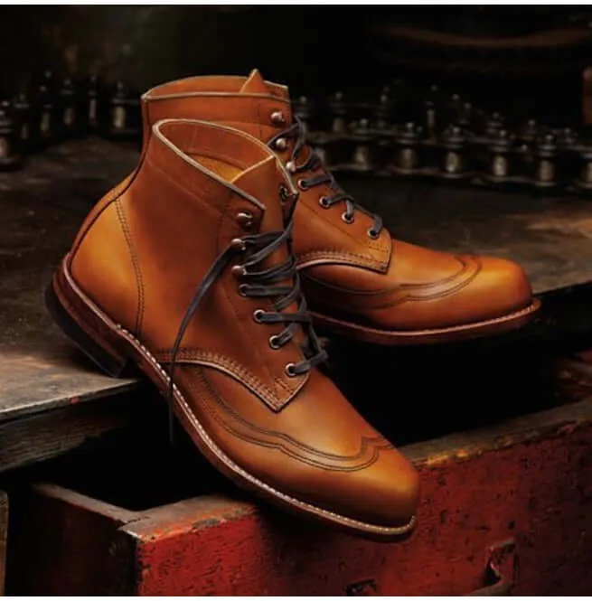 Handmade Tan Wing Tip Ankle boots,Wing Tip leather boots, Lace Up formal boot for men