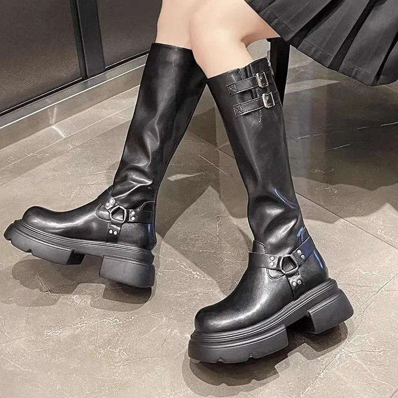 Hnzxzm 2024 New Winter Denim Boots Women's Retro Brown Belt Buckle Round Head High Boots  Boots Knee Length