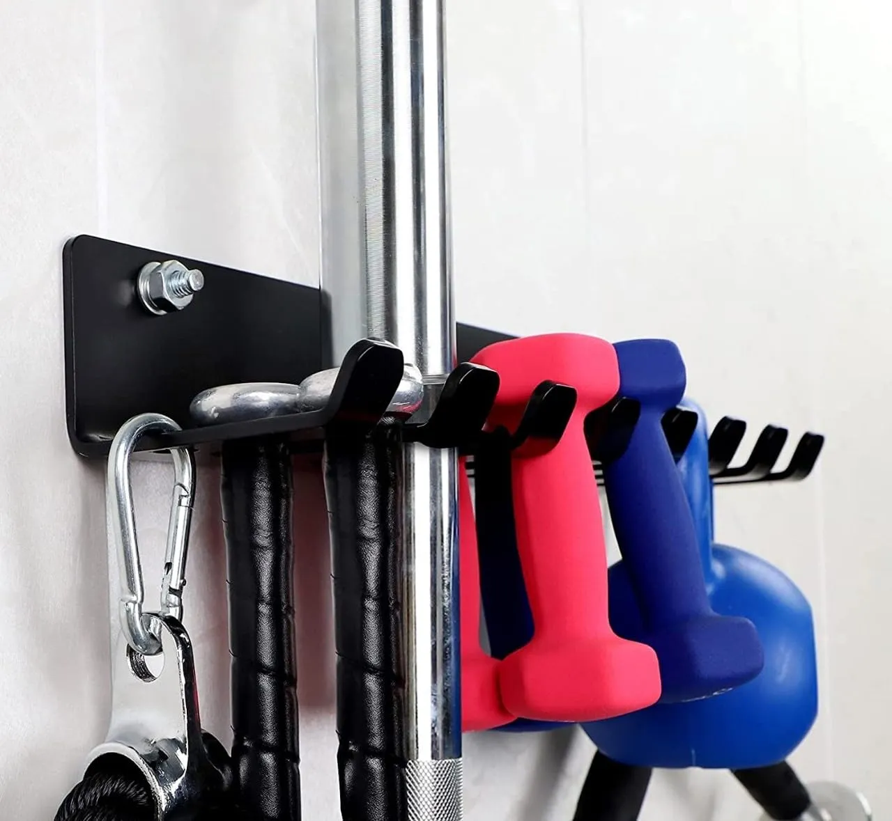 IBS Fitness Gym Storage Rack, Gym Hooks for Olympic Barbells, Bands, Row Handles, Bats or Tools