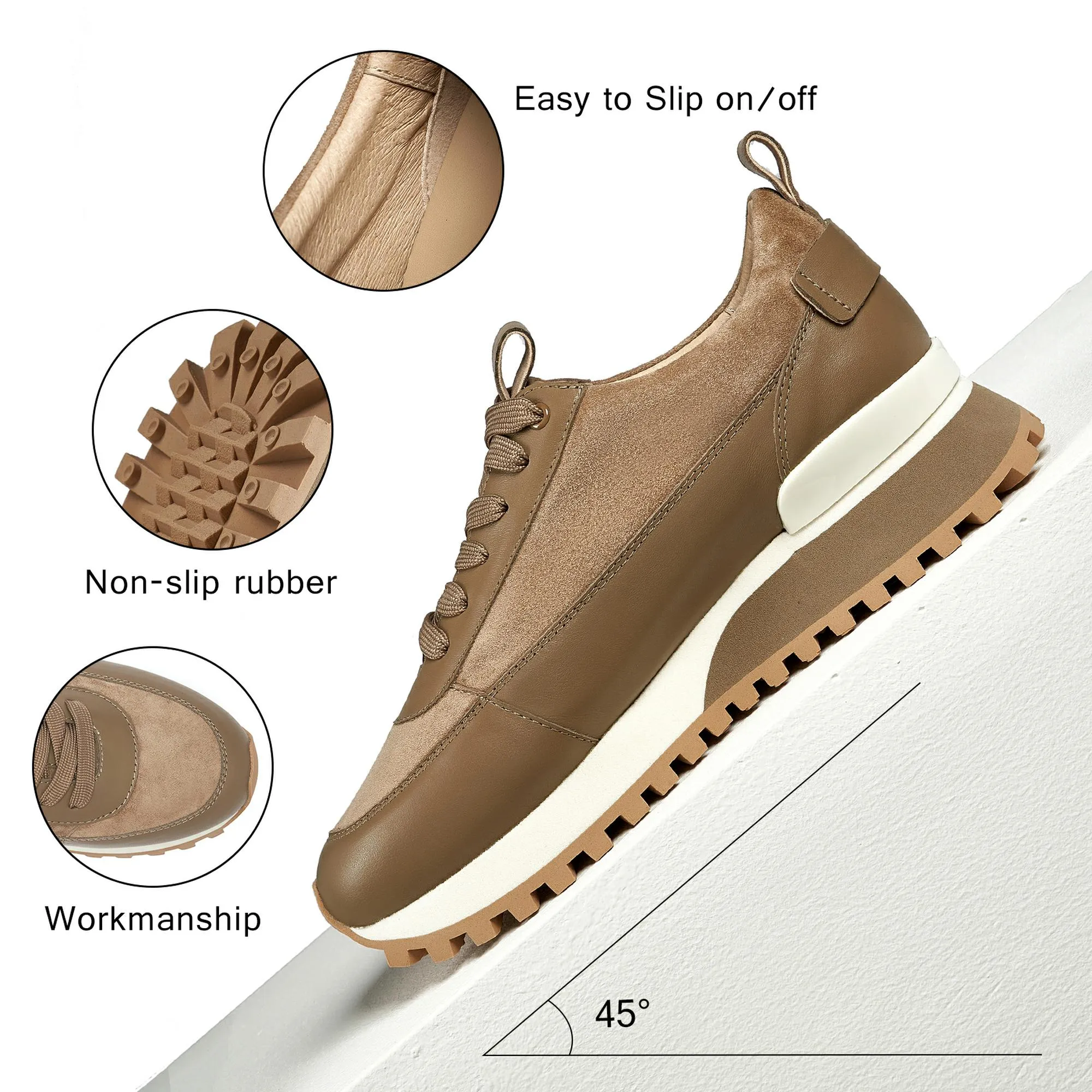 Jackie Shi ZOEL Women Fashion Sneakers Made of 100% Apricot Calfskin  & Suede  leather  and sheepskin lining, Casual Comfortable Running Shoes, Non-Slip Memory Foam Sneaker, Urban Lift Platform Sneaker